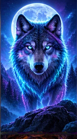 Een wolf in een elektrisch blauw landschap
